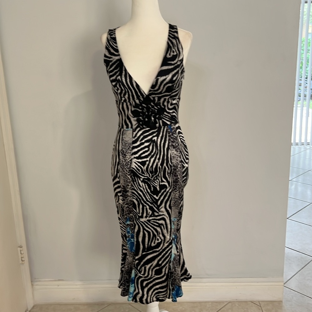 Black & White Zebra Print Maxi Dress with Blue Accents